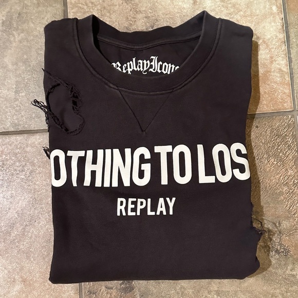 Replay Ripped Patched  Crewneck Sweatshirt Black/Grey Size Medium - Picture 2 of 11